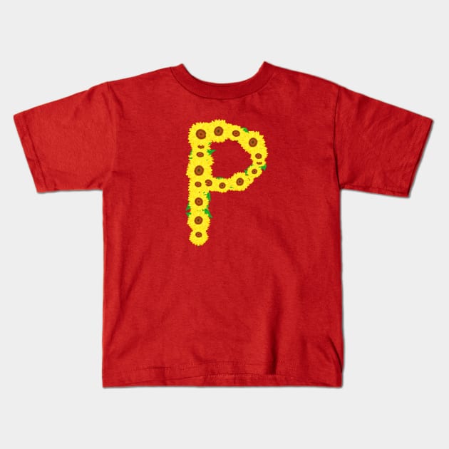 Sunflowers Initial Letter P (Black Background) Kids T-Shirt by Art By LM Designs 